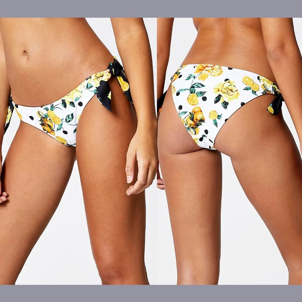 NEW‎ River Island [ 6 US ] Floral Lemon Blocked Tie Side Bikini Bottom White